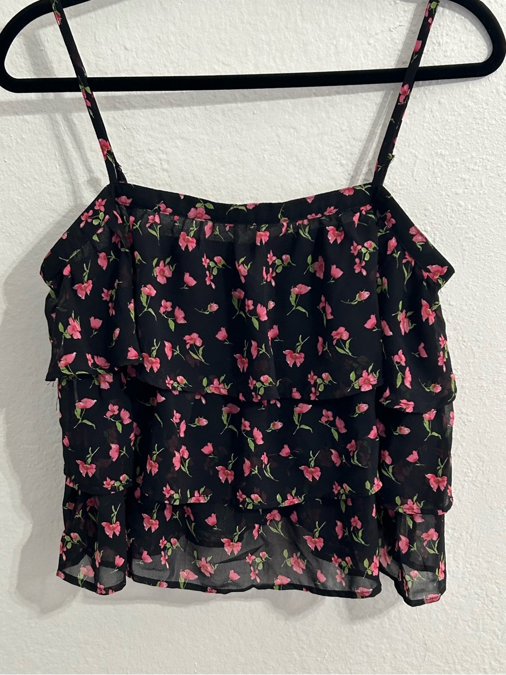 Forever 21 Black Pink Floral Tiered Ruffle Cami Top